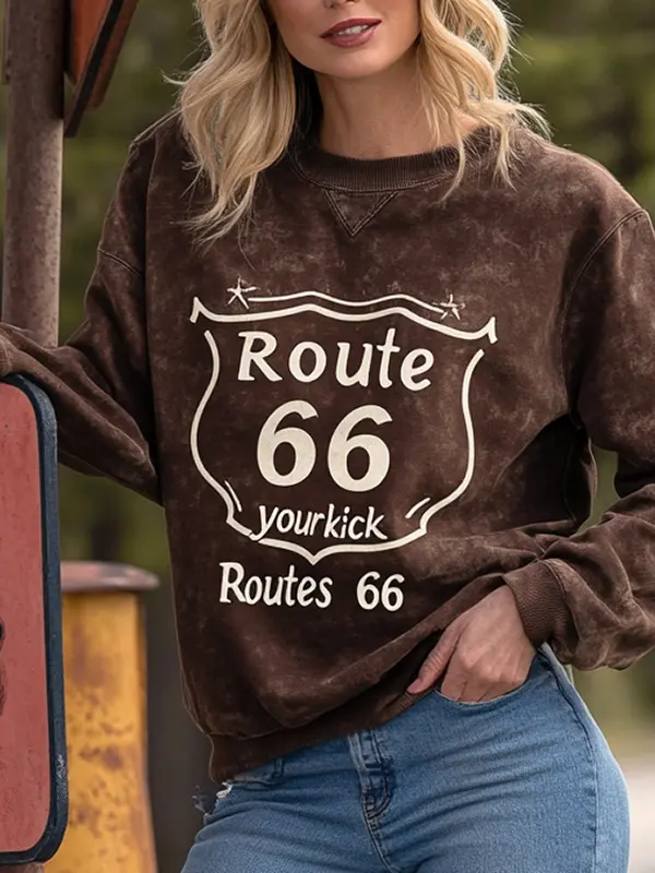 Women's Vintage Route 66 Print Brown Casual Sweatshirt Dark Brown Only $29.99 - Menbarn.com 