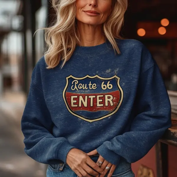 Women's Vintage Route 66 Shield Print Western Style Fit Sweatshirt Dark Blue - Cotosen.com 