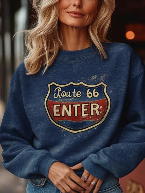 Women's Vintage Route 66 Shield Print Western Style Fit Sweatshirt Dark Blue Only $29.99 - Menbarn.com 