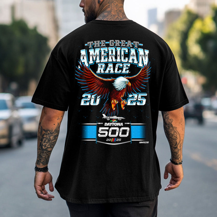 

Men's Racing Car Eagle Great American Race Speedway Checkered Flag Sports Print Loose Short Sleeve Oversized T-Shirt