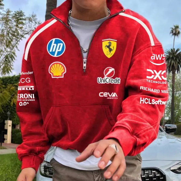 Men's 2025 Newest Retro Racing Print Rad Oversized Half Zip Collar Sweatshirt - Cotosen.com 