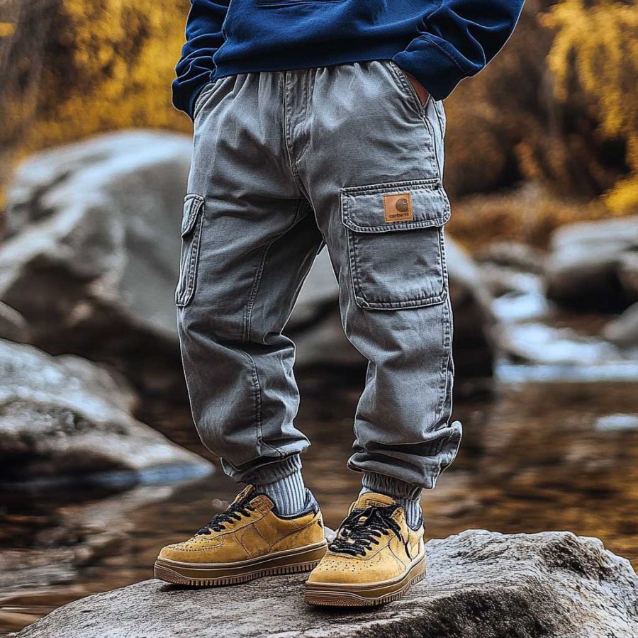 

Men's Vintage Multi-pocket Zipper Elastic Cargo Gray Pants Trousers
