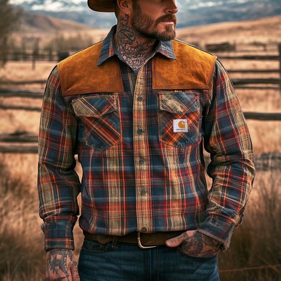

Men's Vintage Western Style Plaid Fabric Patchwork Suede Long Sleeve Casual Shirt