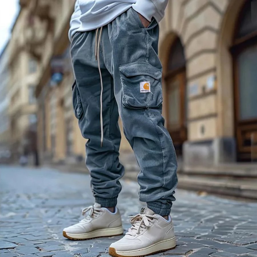 

Men's Corduroy Solid Color Blue Multi-Pocket Cargo Pants