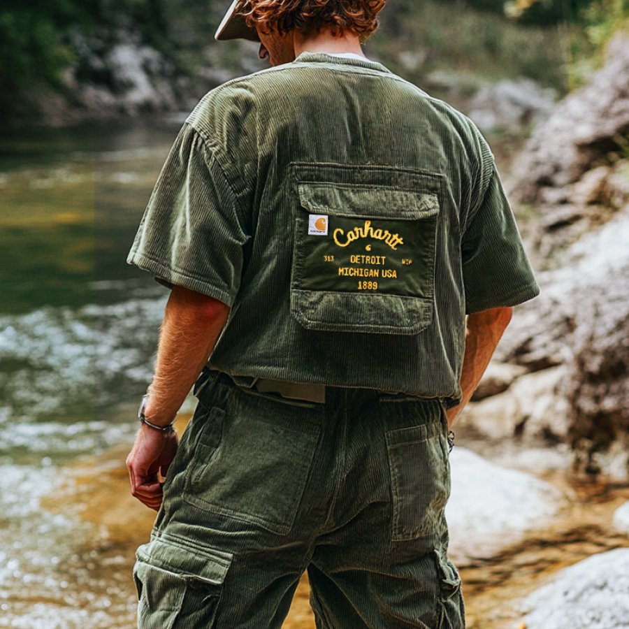 

Men's Retro Printed Large Pocket Corduroy Outdoor Adventure T-shirt