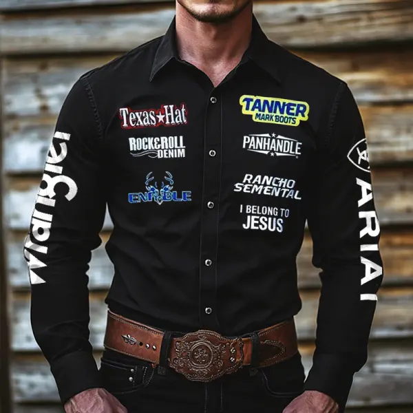 Men's Vintage Western Cowboy Outdoor Teams Black Long Sleeved Collar Shirts - Cotosen.com 