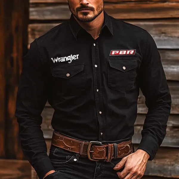 Men's Western Cowboy Outdoor Teams Black Long Sleeved Collar Shirts - Cotosen.com 