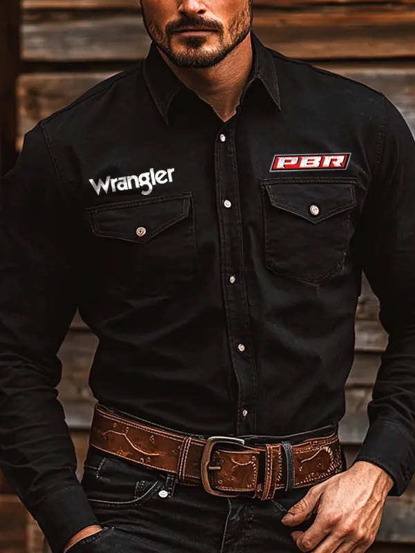 Men's Western Cowboy Outdoor Teams Black Long Sleeved Collar Shirts - Pragmaace.com 