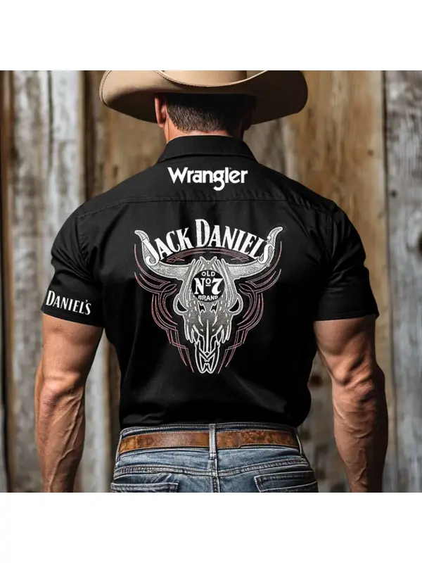 Men's Western Cowboy Outdoor Whiskey Bull Skull Short Sleeve Black Rodeo Shirts - Aptkoi.com 