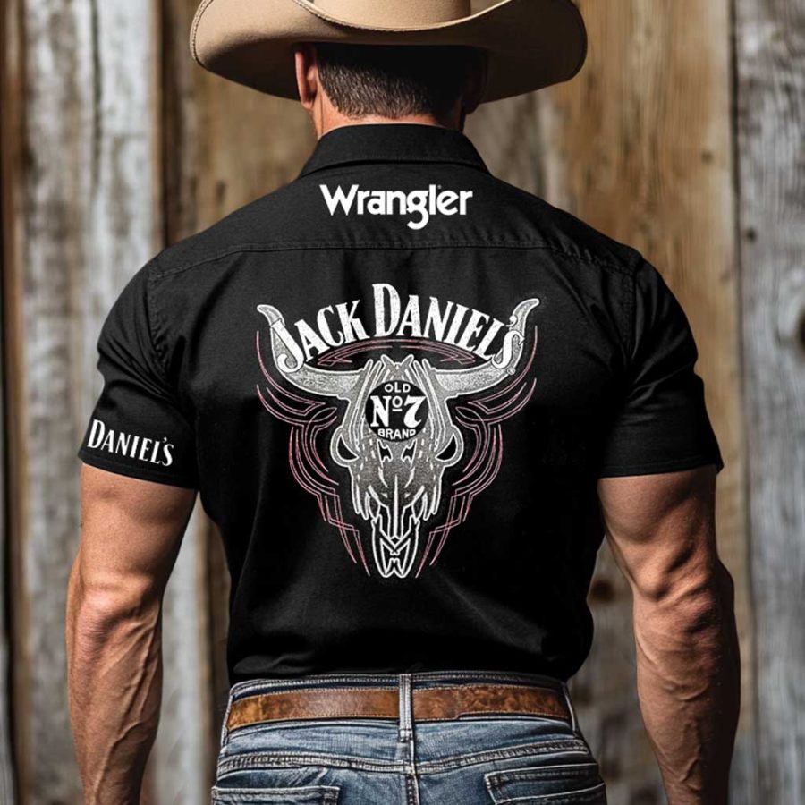 

Men's Western Cowboy Outdoor Whiskey Bull Skull Short Sleeve Black Rodeo Shirts