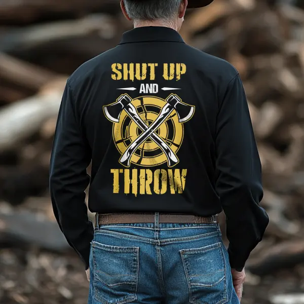 Men's Ax Throwing Competition Throwing Skull Shut Up And Throw Printed Long Sleeved Polo Shirt Only $28.99 - Elementnice.com 