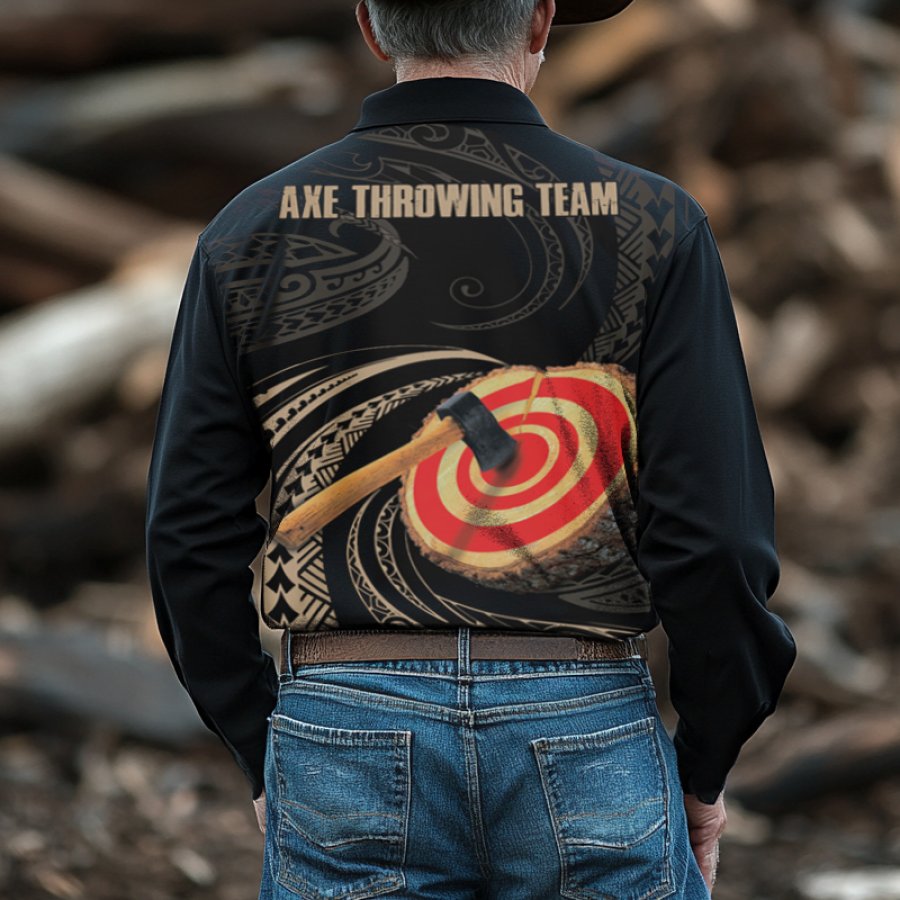 

Men's Ax Throwing Competition Bullseye CLAssy Tribal Custom Printed Long Sleeved Polo Shirt