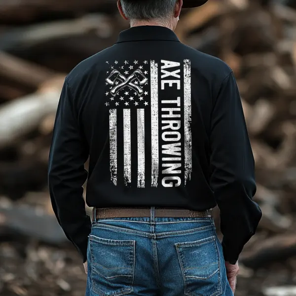 Men's Ax Throwing Competition American Flag Skull Printed Long Sleeved Polo Shirt Only $28.99 - Elementnice.com 