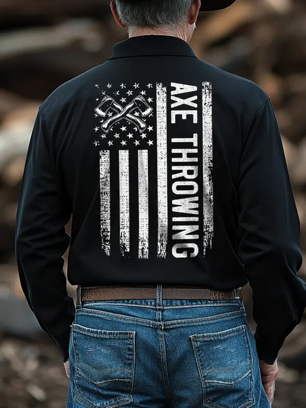 Men's Ax Throwing Competition American Flag Skull Printed Long Sleeved Polo Shirt Only $28.99 - Pragmaace.com 