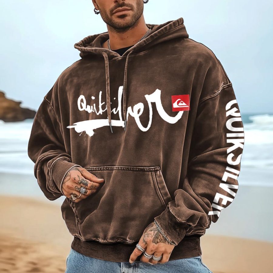 

Unisex Vintage Graphic Surf Print Pocket Long Sleeve Casual Oversized Brown Hoodie