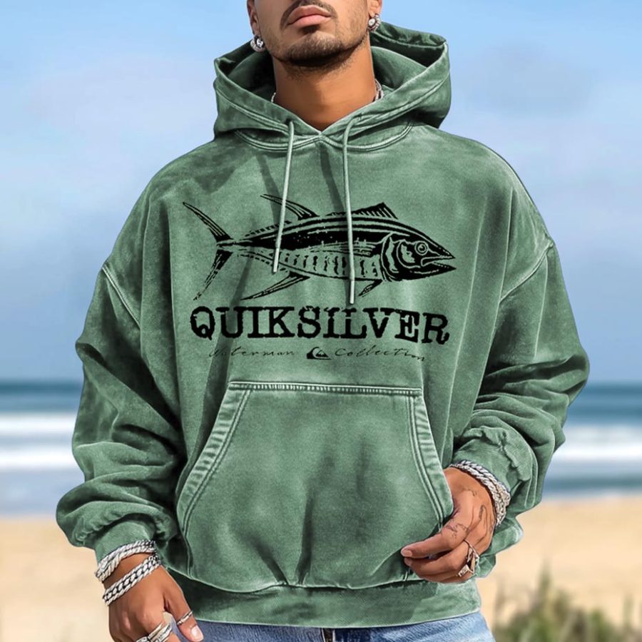 

Unisex Quiksilver Vintage Fish Graphic Surf Print Pocket Long Sleeve Casual Oversized Light Green Hoodie