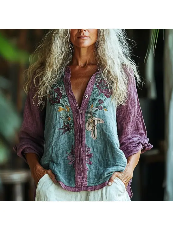 Women's Linen Bohemian Floral Print Contrasting Long Sleeve Shirt - Localziv.com 
