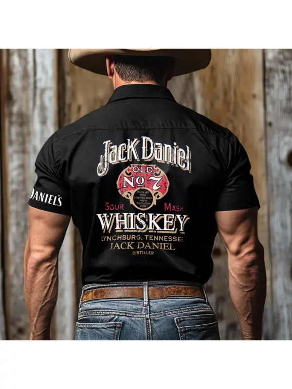Men's Western Cowboy Whiskey No. 7 Print Outdoor Short Sleeve Black Rodeo Shirts - Aptkoi.com 