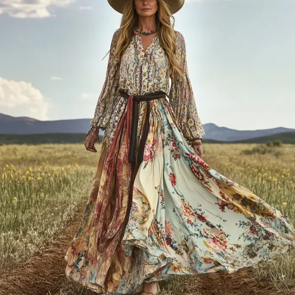 Women's Bohemian Floral Maxi Dress With Flowing Sleeves - Ootdyouth.com 