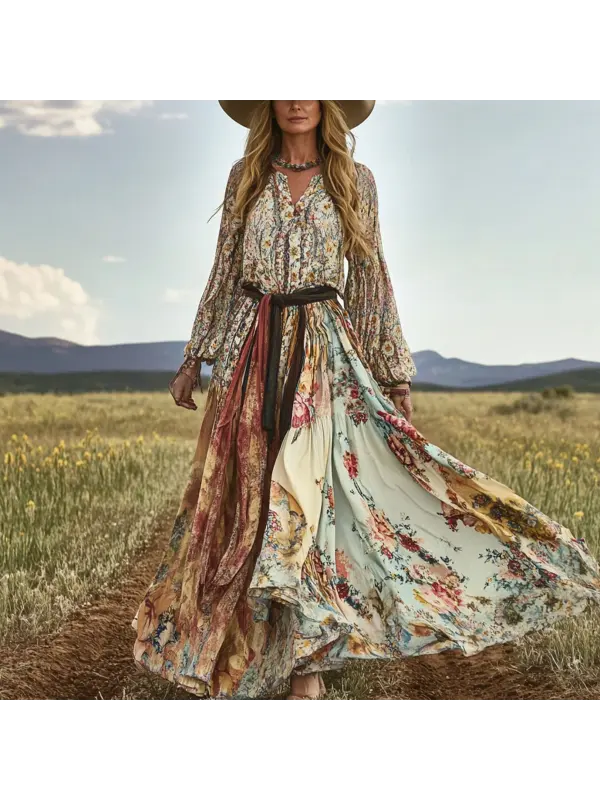 Women's Bohemian Floral Maxi Dress With Flowing Sleeves - Localziv.com 