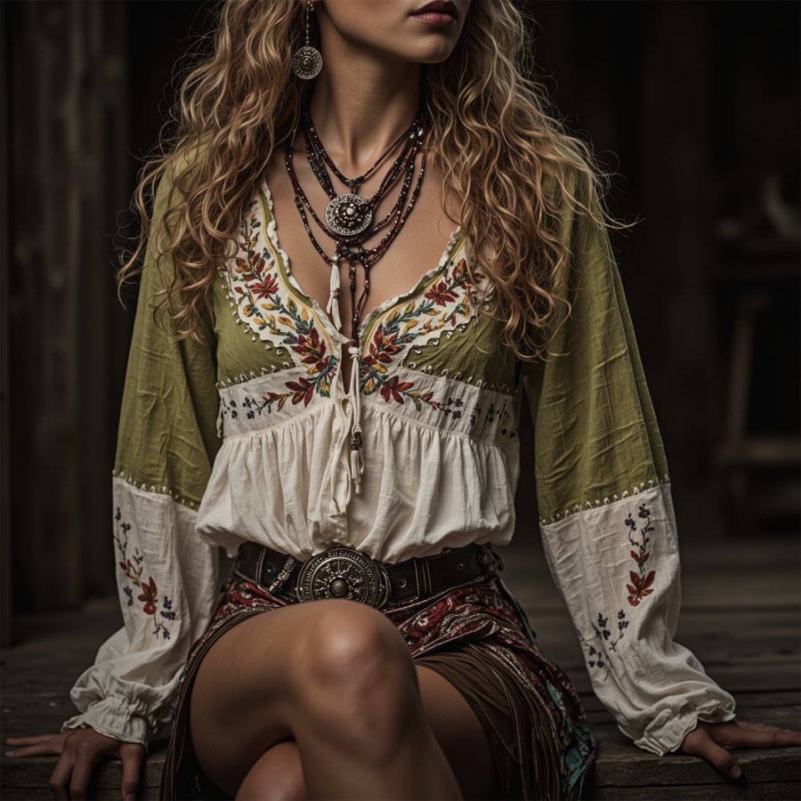 

Women's Bohemian Elegance: Floral Embroidered Peasant Top