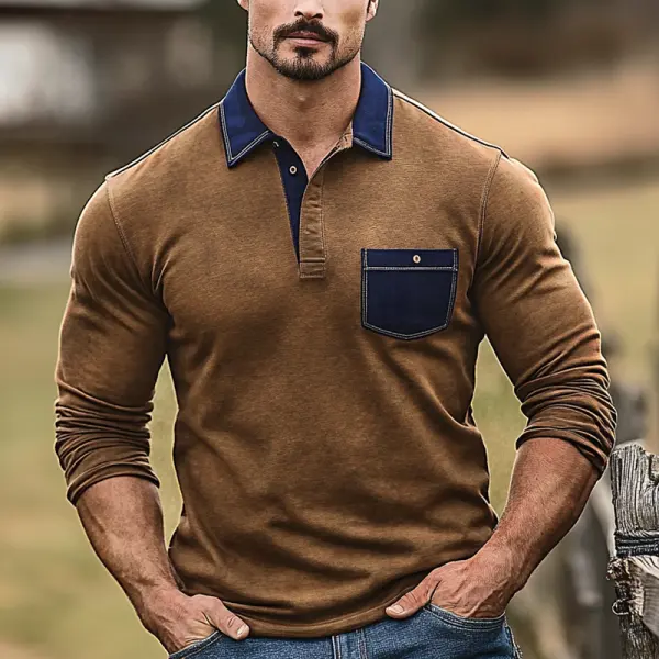 Men's Retro Western Polo Shirt With Contrast Collar And Pocket Brown - Wayrates.com 