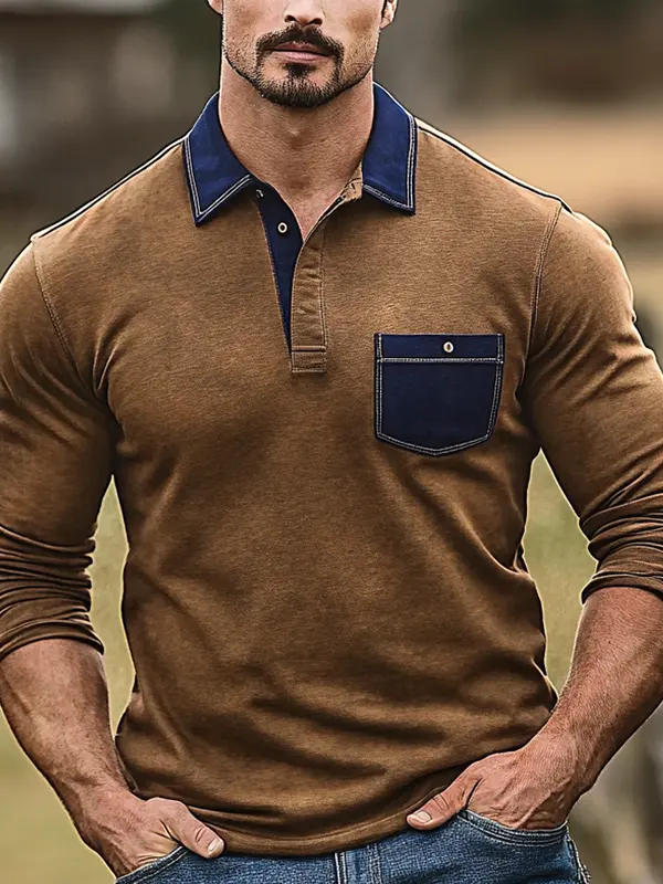 Men's Retro Western Polo Shirt With Contrast Collar And Pocket Brown - Menbarn.com 
