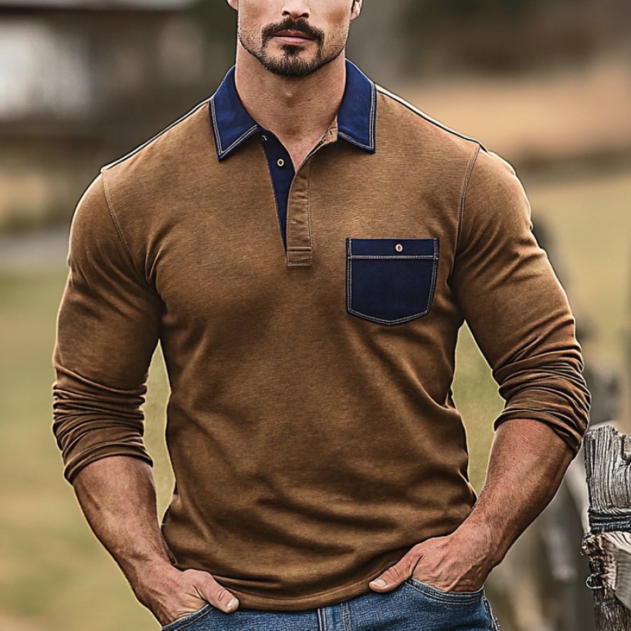 

Men's Retro Western Polo Shirt With Contrast Collar And Pocket Brown