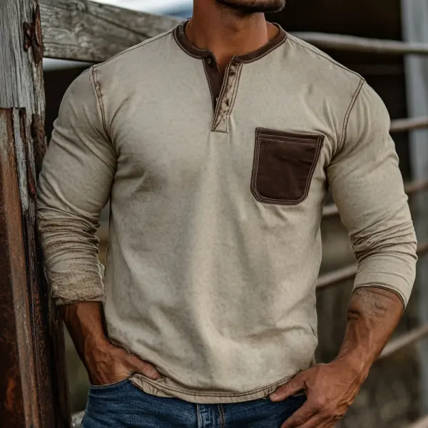 Men's Retro Western Cowboys Style Casual Long Sleeves Henley T Shirt With Patchwork Chest Pocket - Wayrates.com 