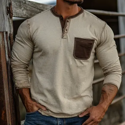 Men's Retro Western Cowboys Style Casual Long Sleeves Henley T Shirt With Patchwork Chest Pocket