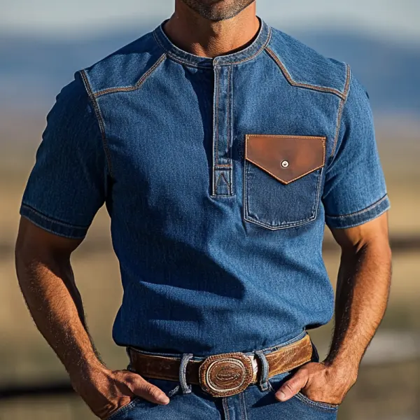 Men's Retro Western Style Denim Henley Shirt With Leather Pocket Detail - Dozenlive.com 