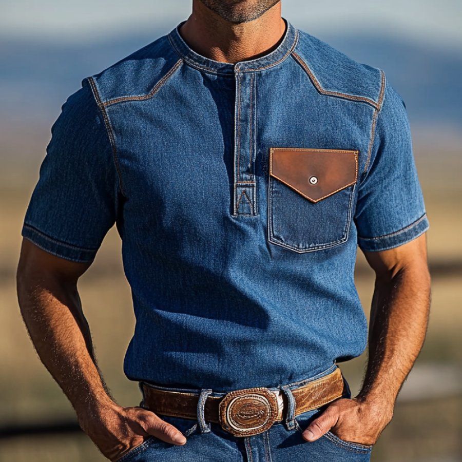 

Men's Retro Western Style Denim Henley Shirt With Leather Pocket Detail