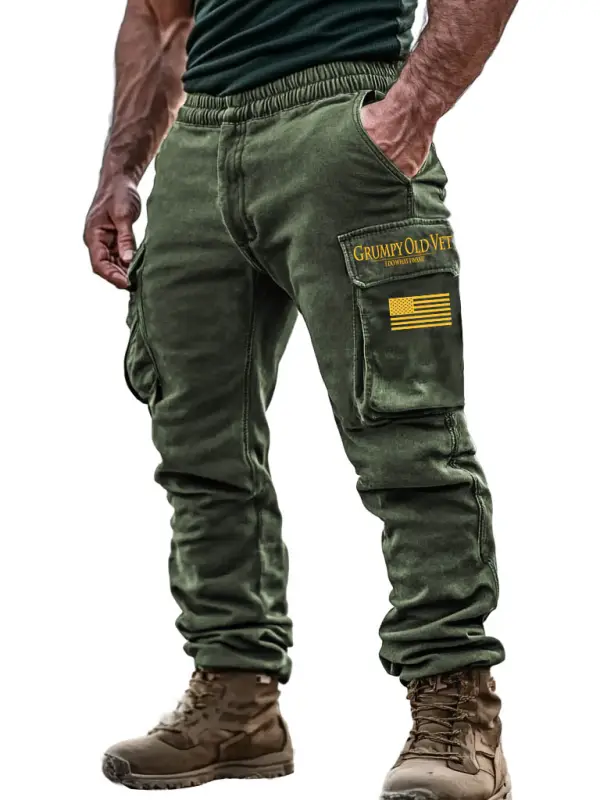 Men's Vintage Grumpy Old Vet American Flag Patriotic Multi-Pocket Tactical Daily Work Cargo Pants Trousers - Menbarn.com 