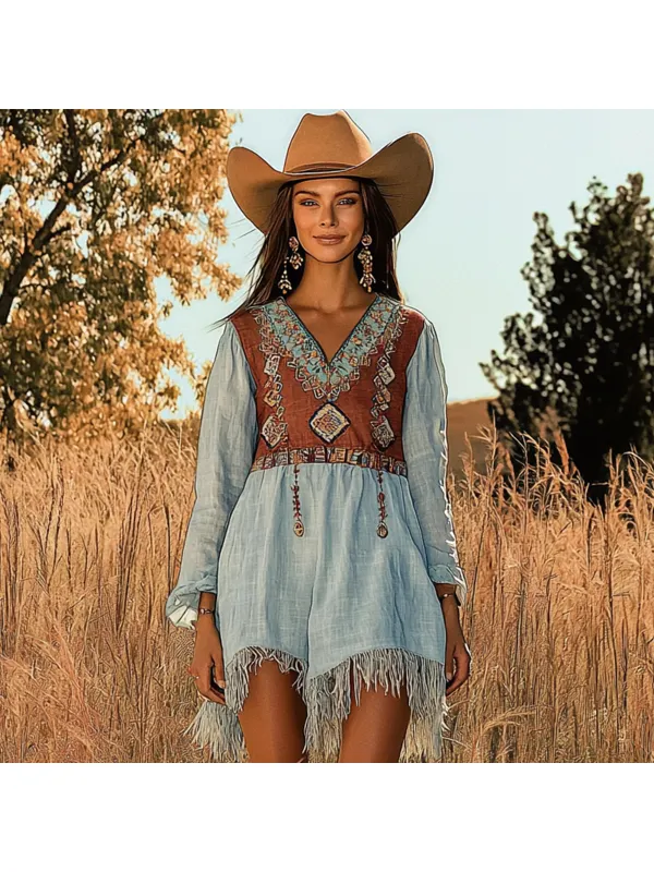 Women's Bohemian Ethnic Loose Long Sleeve Mini Dress - Ootdmw.com 