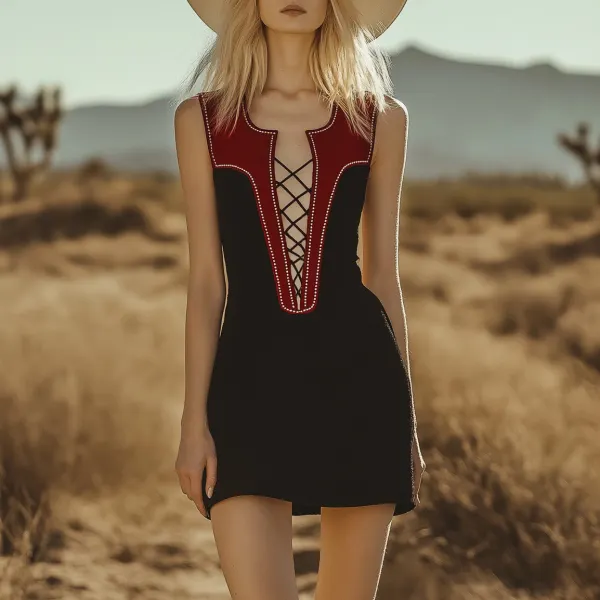 Retro Contrast Black And Red Suede Sleeveless Mini Dress - Anurvogel.com 