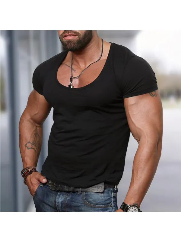 Men's Slim Low Neck Casual Sports Short Sleeve T-Shirt - Ootdmw.com 