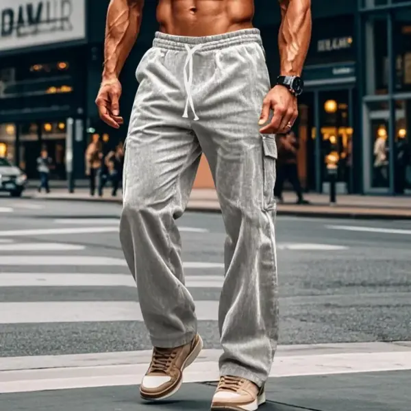 Men's Casual Pocket Workwear Corduroy Drawstring Elastic Long Casual Wide-leg Pants - Anurvogel.com 