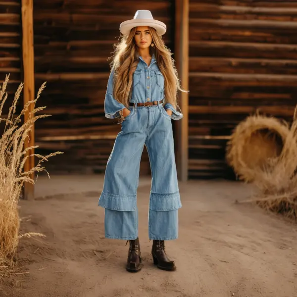 Western Cowgirl Denim Elegance High-Waisted Wide-Leg Jumpsuit - Anurvogel.com 