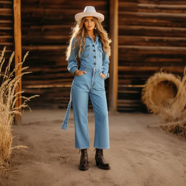 Western Cowgirl Denim Elegance High-Waisted Wide-Leg Jumpsuit - Anurvogel.com 