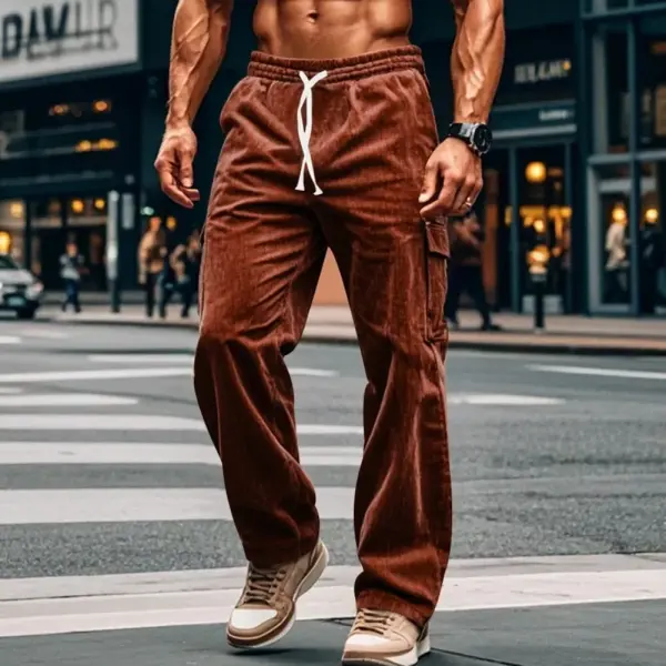 Men's Casual Pocket Workwear Corduroy Drawstring Elastic Long Casual Wide-leg Pants - Anurvogel.com 