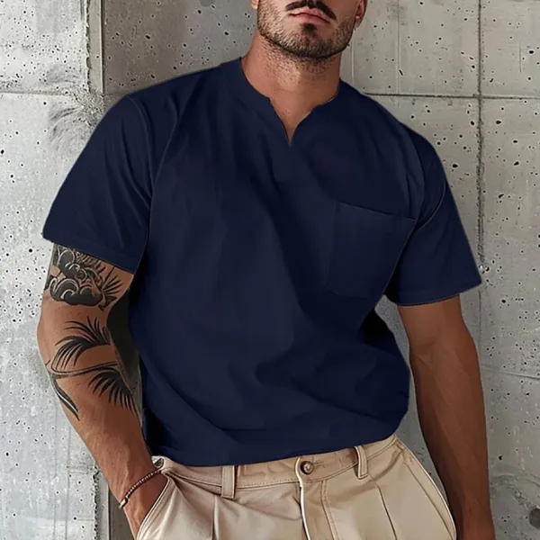 Men's Elastic Cotton Pocket Short Sleeve V-neck T-shirt - Dozenlive.com 