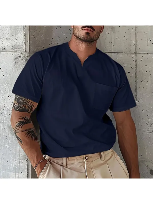 Men's Elastic Cotton Pocket Short Sleeve V-neck T-shirt - Aptkoi.com 