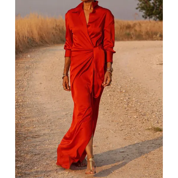Elegant Red Silk Wrap Dress With Long Sleeves - Anurvogel.com 