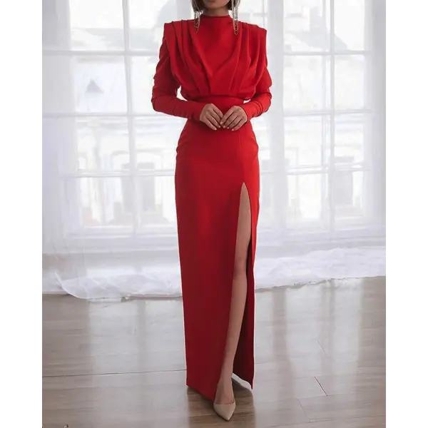 Elegant Red High-Slit Long Dress With Puff Sleeves And Backless Design - Anurvogel.com 