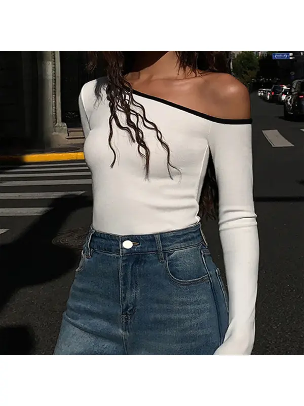 Women's Off-shoulder Contrast Color Long-sleeved T-shirt - Ootdmw.com 