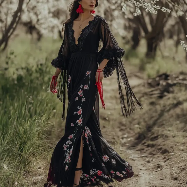 Elegant Black Floral Maxi Dress With Lace Sleeves - Anurvogel.com 