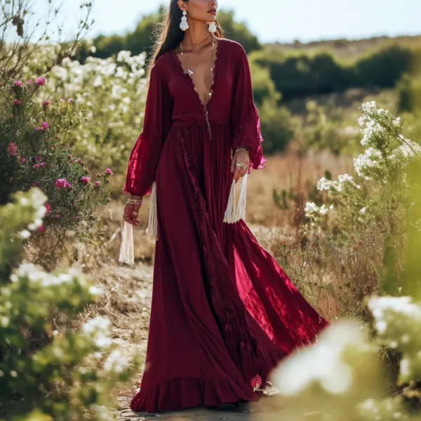 Vacation Elegant Wine Red Lace Maxi Dress - Anurvogel.com 