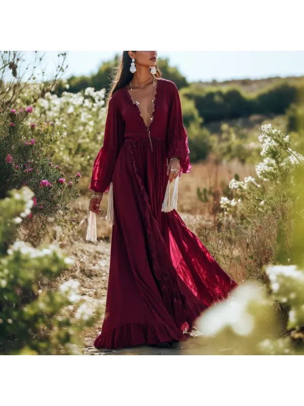 Vacation Elegant Wine Red Lace Maxi Dress - Ootdmw.com 