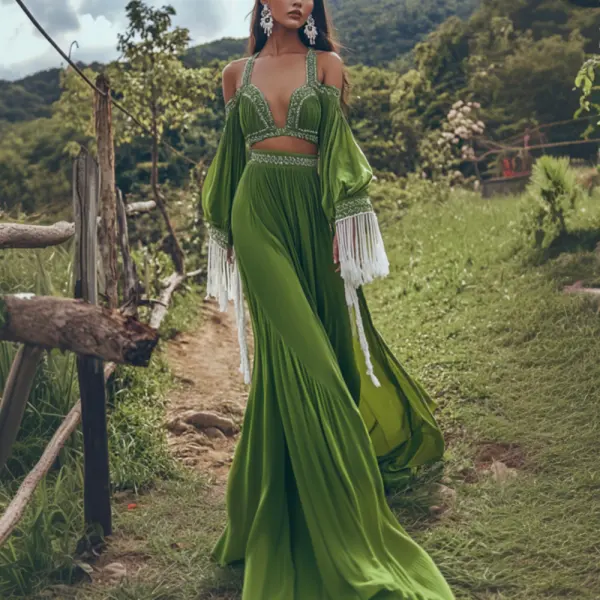 Elegant Green Bohemian Maxi Dress With Tassel Sleeves - Anurvogel.com 