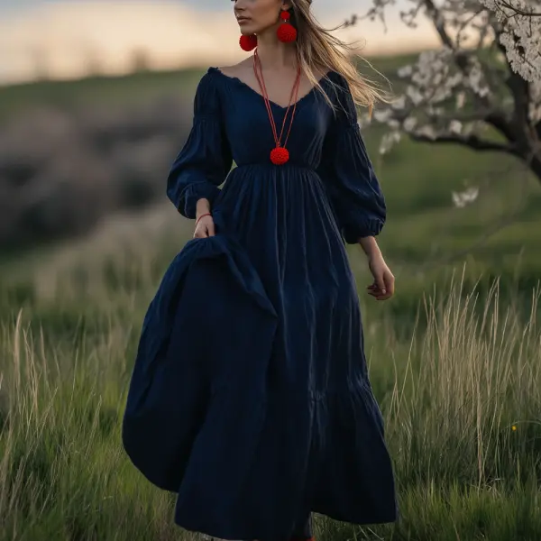 Elegant Navy Blue Maxi Dress With Puff Sleeves - Anurvogel.com 